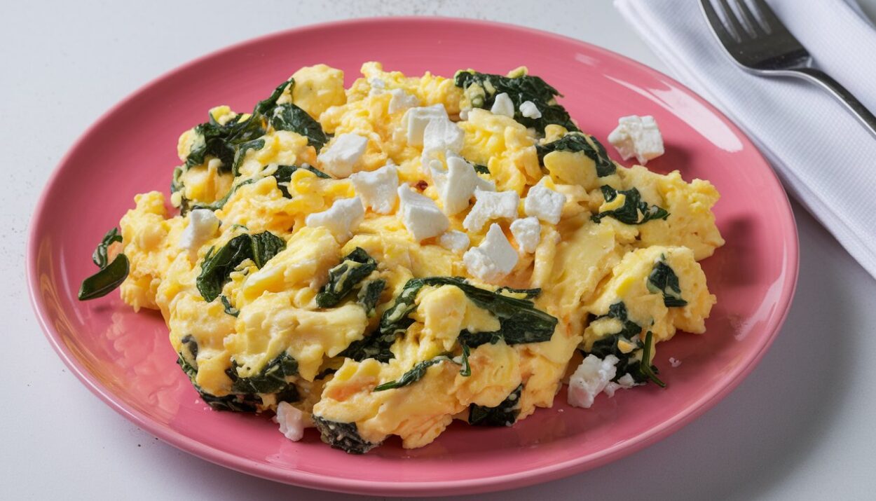 Scrambled Eggs with Spinach and Feta Easy Breakfast Idea