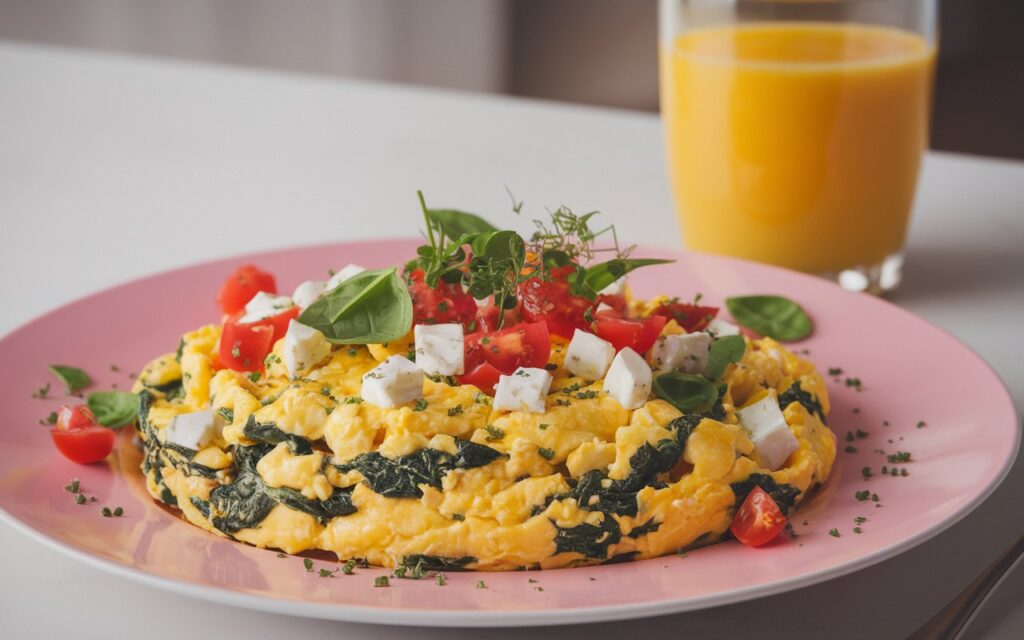 Scrambled Eggs with Spinach and Feta for Breakfast