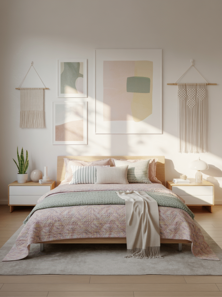 Mixing Pastel Color Palettes in Colorful Minimalist Bedroom Decor