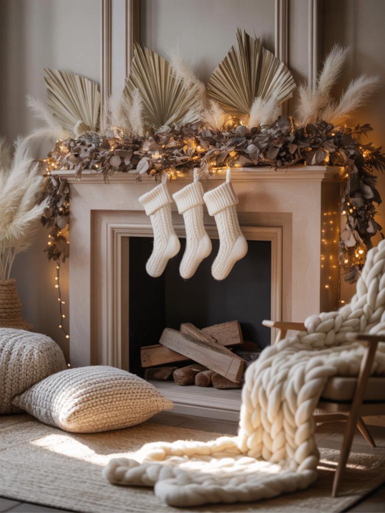 Cozy and Neutral Christmas Fireplace Decor