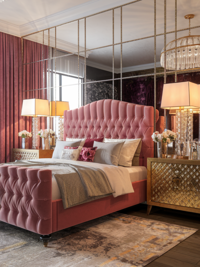 Bold Hollywood Bedroom Glamour with Gold and Mirrored Details