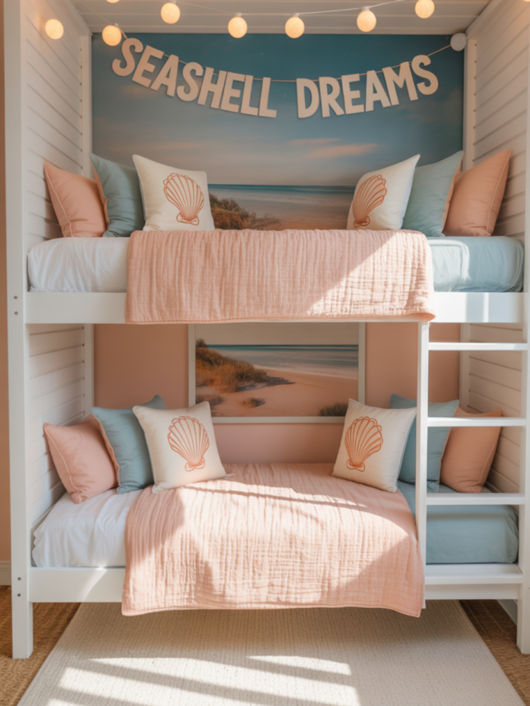 Coastal Summer Bunk Bedroom with Peach & Blue Accents