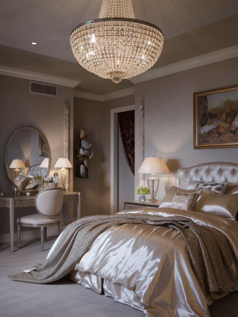 Hollywood Bedroom with Satin Bedding and Soft Glamour