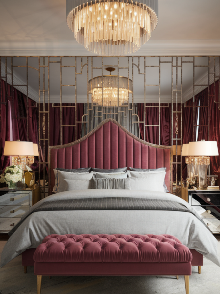 Hollywood Glam Bedroom with Velvet Textures and Warm Lighting