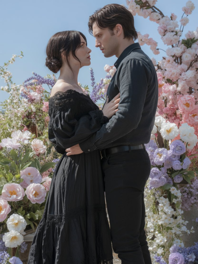 Dark Romance Couple Outfits for Spring: Balancing Soft Spring Scenery with Dark Fashion