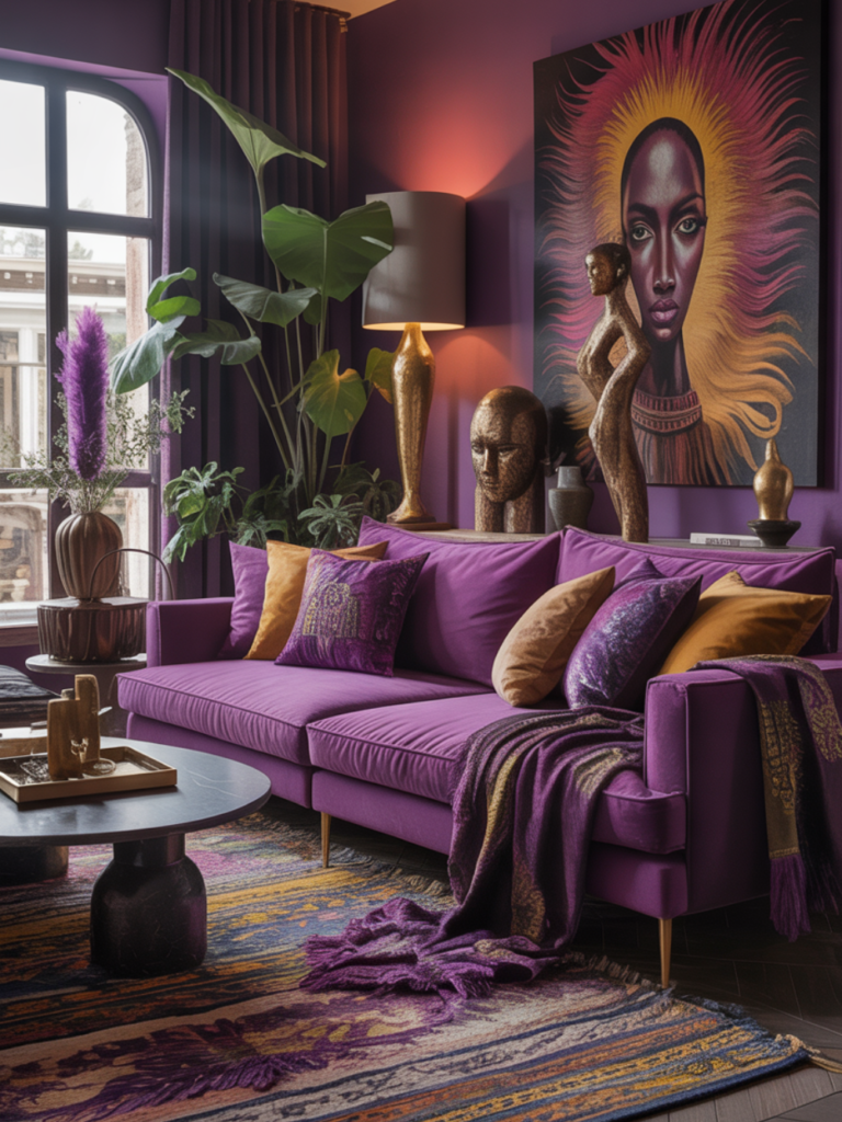 Afro Boho Living Room with Purple Accents