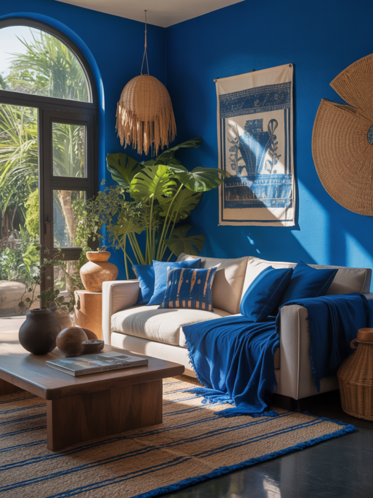Afrohemian Living Room with Blue Accents