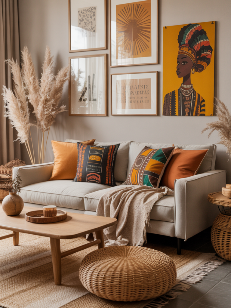 Afrohemian Living Room with Gray Couch