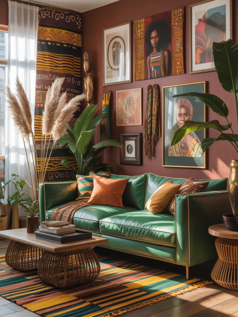 Afrohemian Living Room with Green Couch