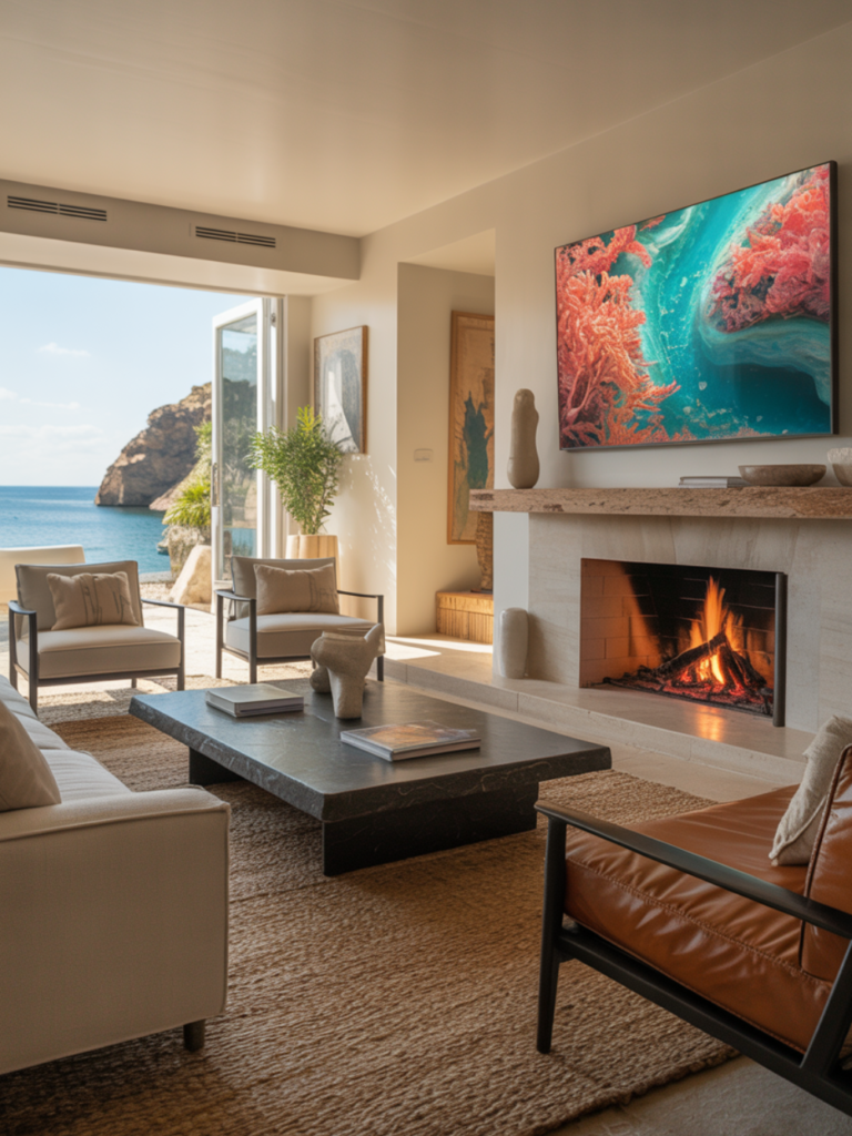 Coastal Living Room with Fireplace