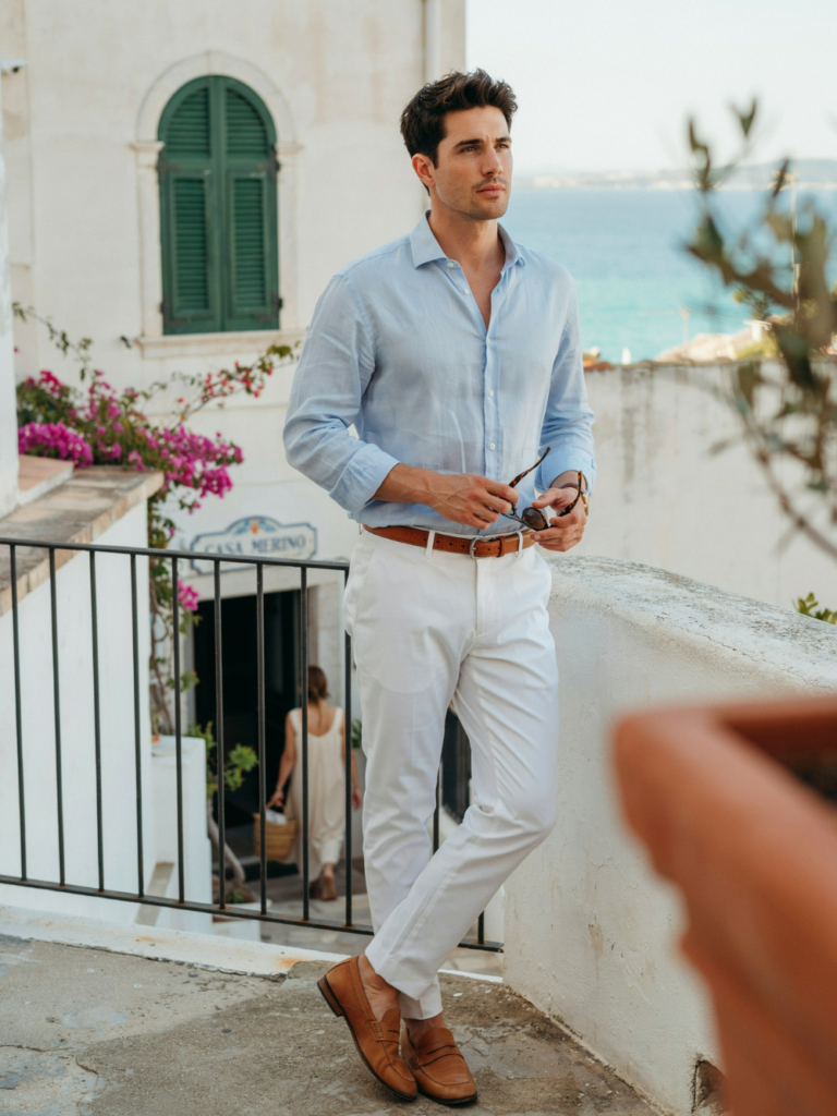 Light Blue Linen Shirt and White Trousers for European Summer Elegance