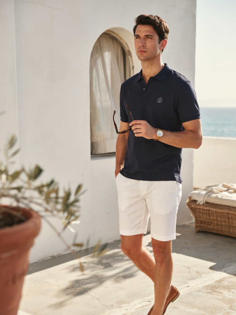 Navy Blue Polo and White Shorts Summer Outfit for Men