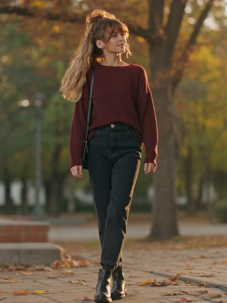 Burgundy Sweater and Black Jeans Outfit