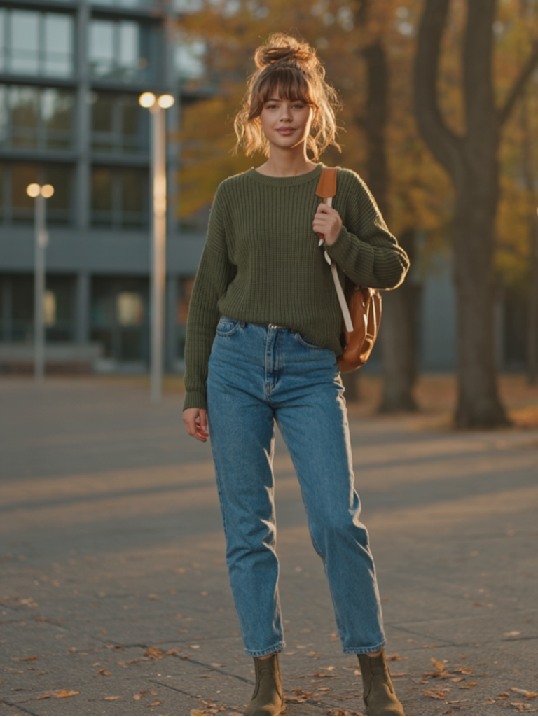 Olive Green Sweater and Jeans Outfit